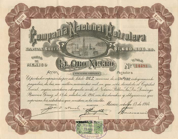 Compania Nacional Petrolera - Stock Certificate